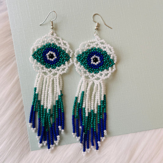 Beaded Evil Eye Fringe Earrings