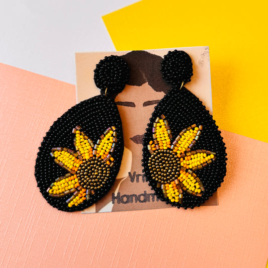 Sunflower Beaded Statement Earrings – Handmade Bold Jewelry
