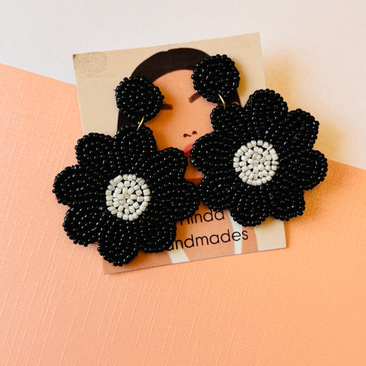 Black Beaded Floral Statement Earrings