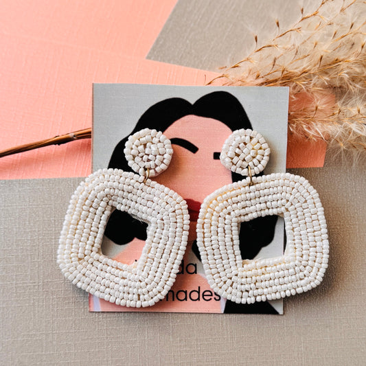 White Beaded Geometric Earrings