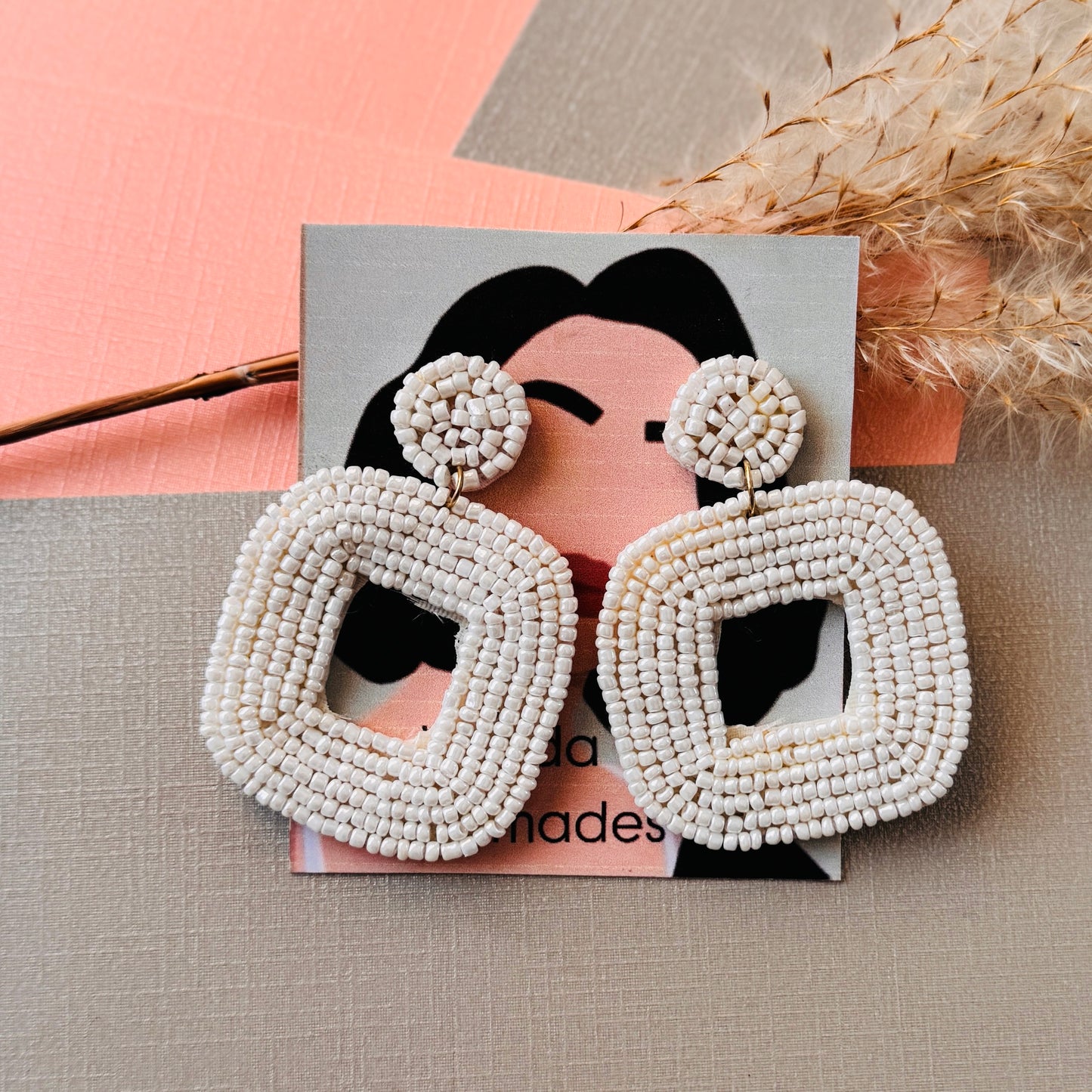 White Beaded Geometric Earrings