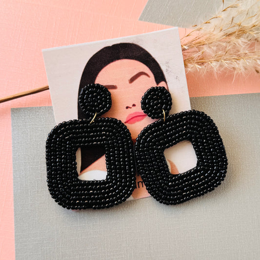 Black Beaded Geometric Earrings
